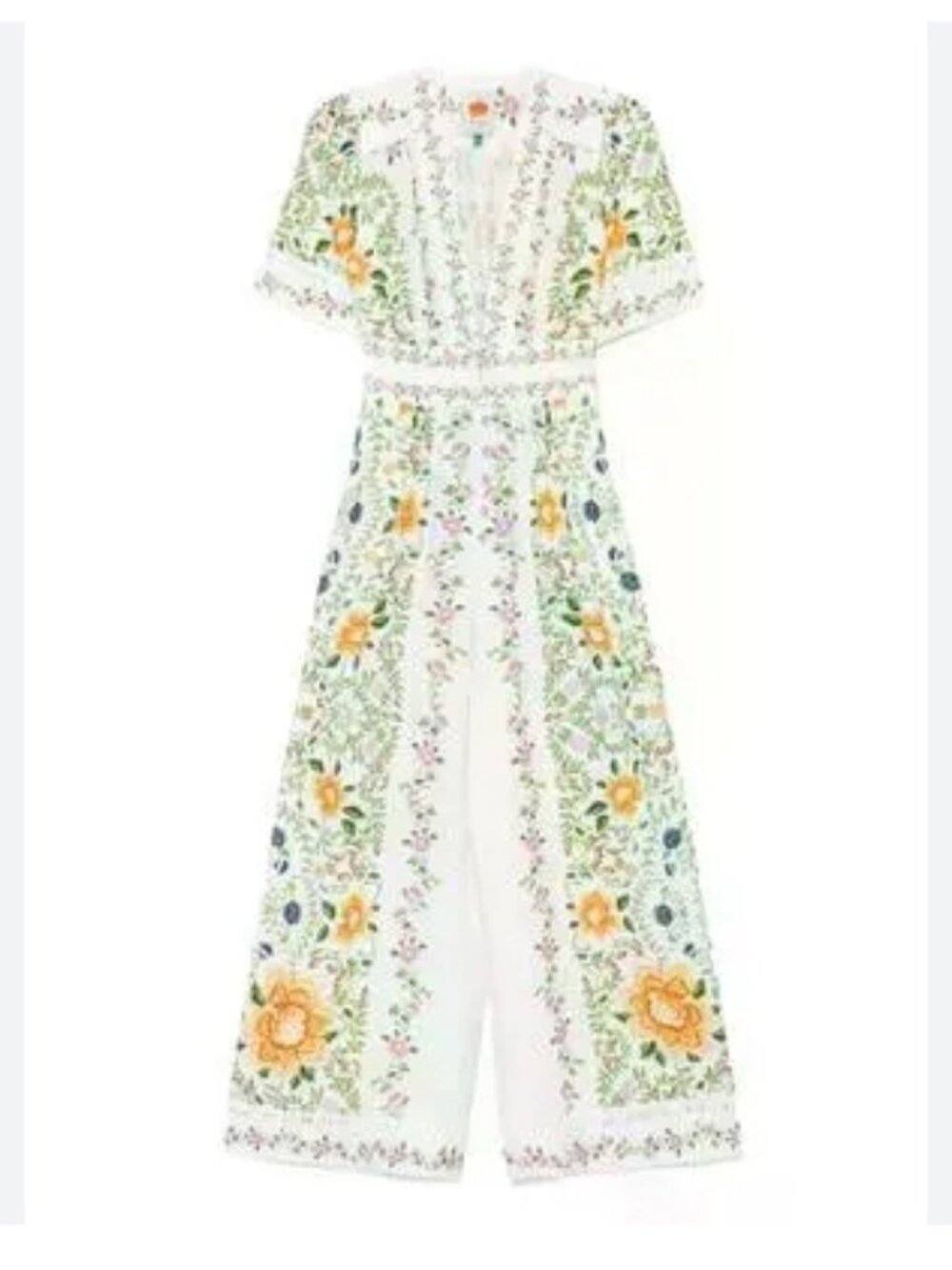 Farm Rio Folk Floral Linen Blend White Short-Sleeve Wide-Leg Jumpsuit Small NWT - Picture 2 of 16